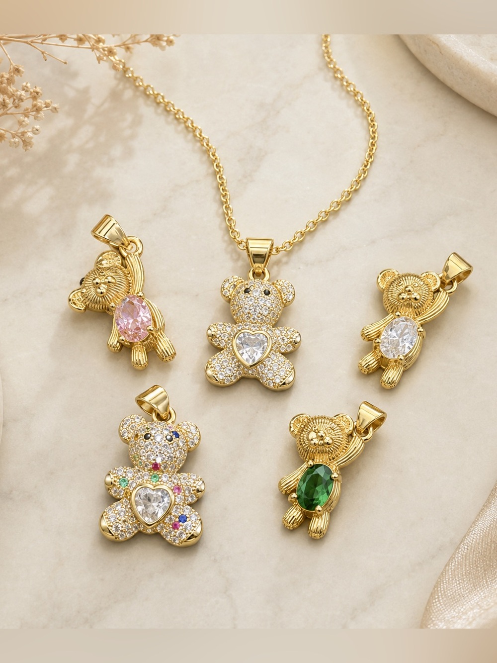 Gold Teddy Bear Pendant Necklace Set stainless